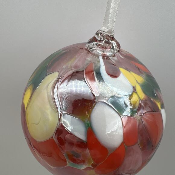 End of Day Hand Blown Art Glass Ball Christmas Ornament 3" Pink Orange Yellow - Picture 4 of 6
